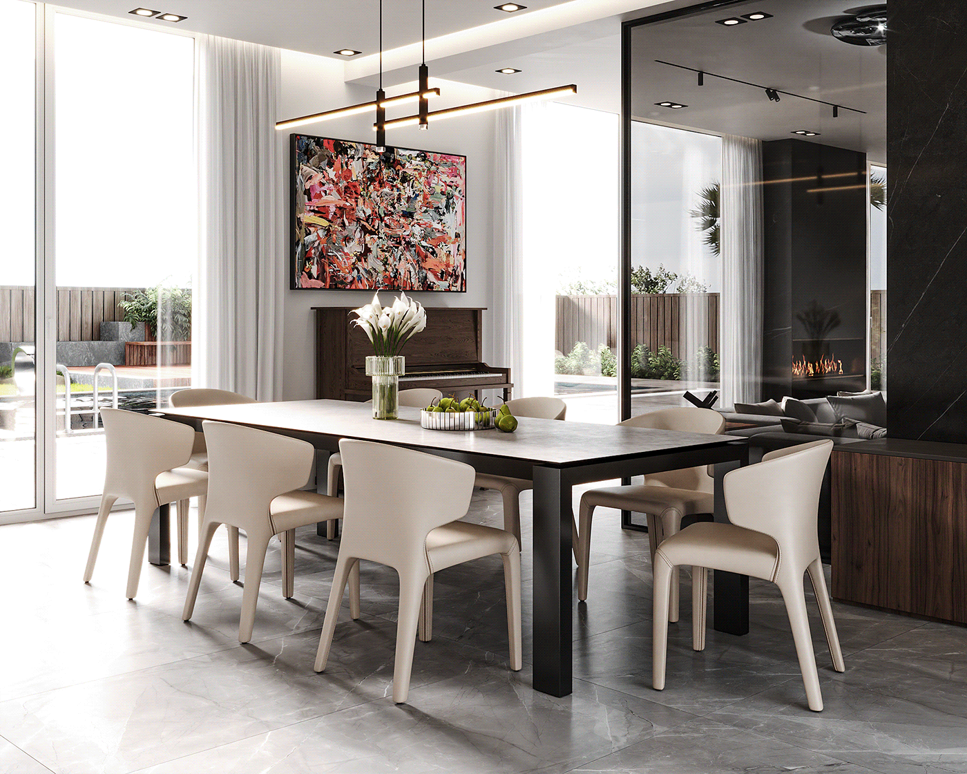 dining reception living room kitchen visualization light light design beige interior gray design