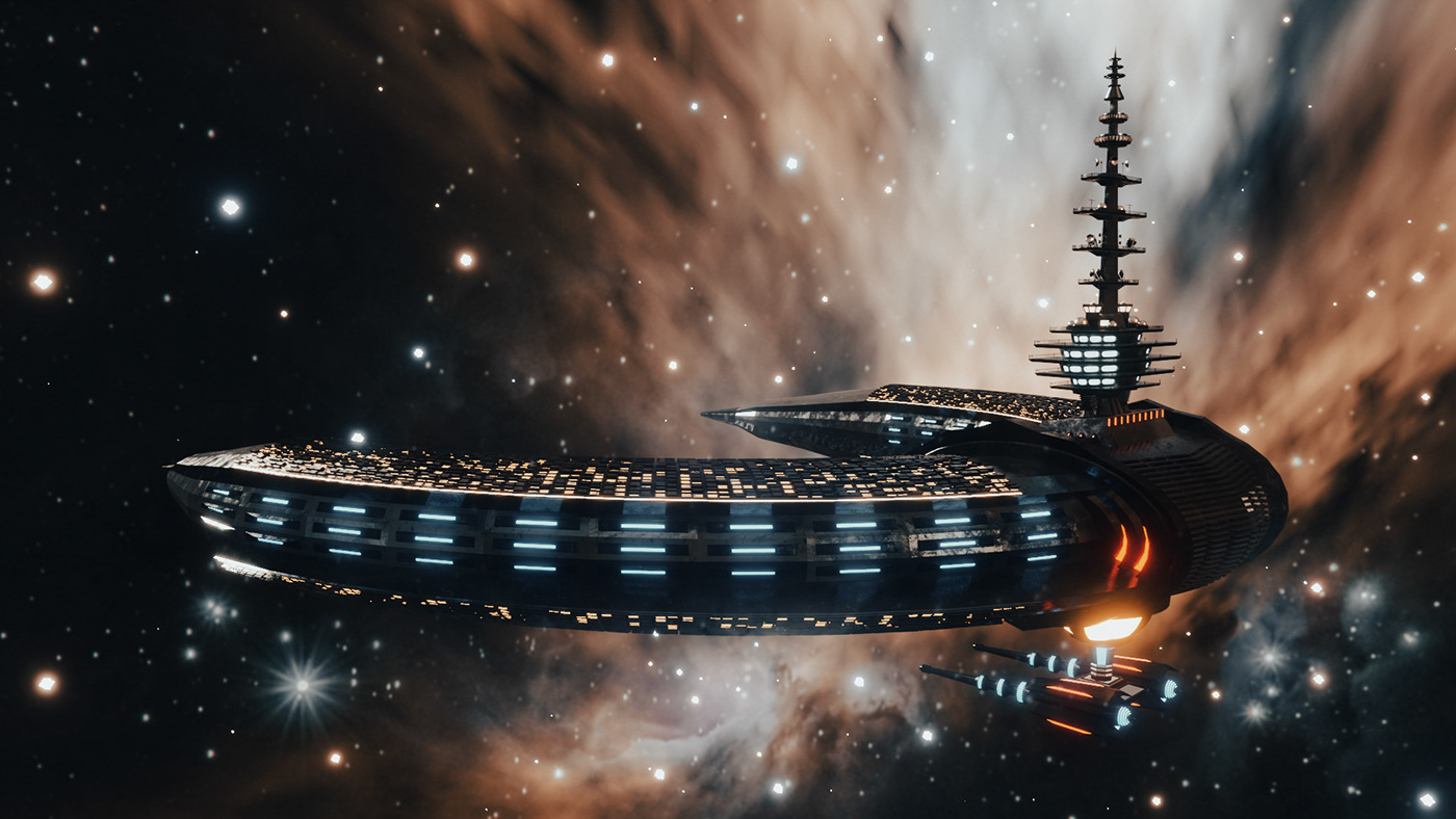 Alien Galactic Crescent Battleship flying in deep space