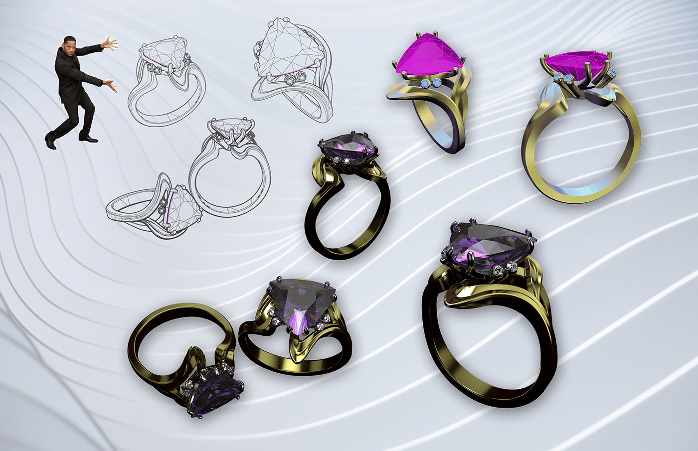 ring jewelry 3D visualization vray rhinoceros 3D amethyst diamond  custom jewelry design