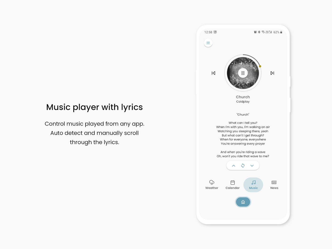 android dark mode homescreen Lyrics minimal mobile music news UI weather
