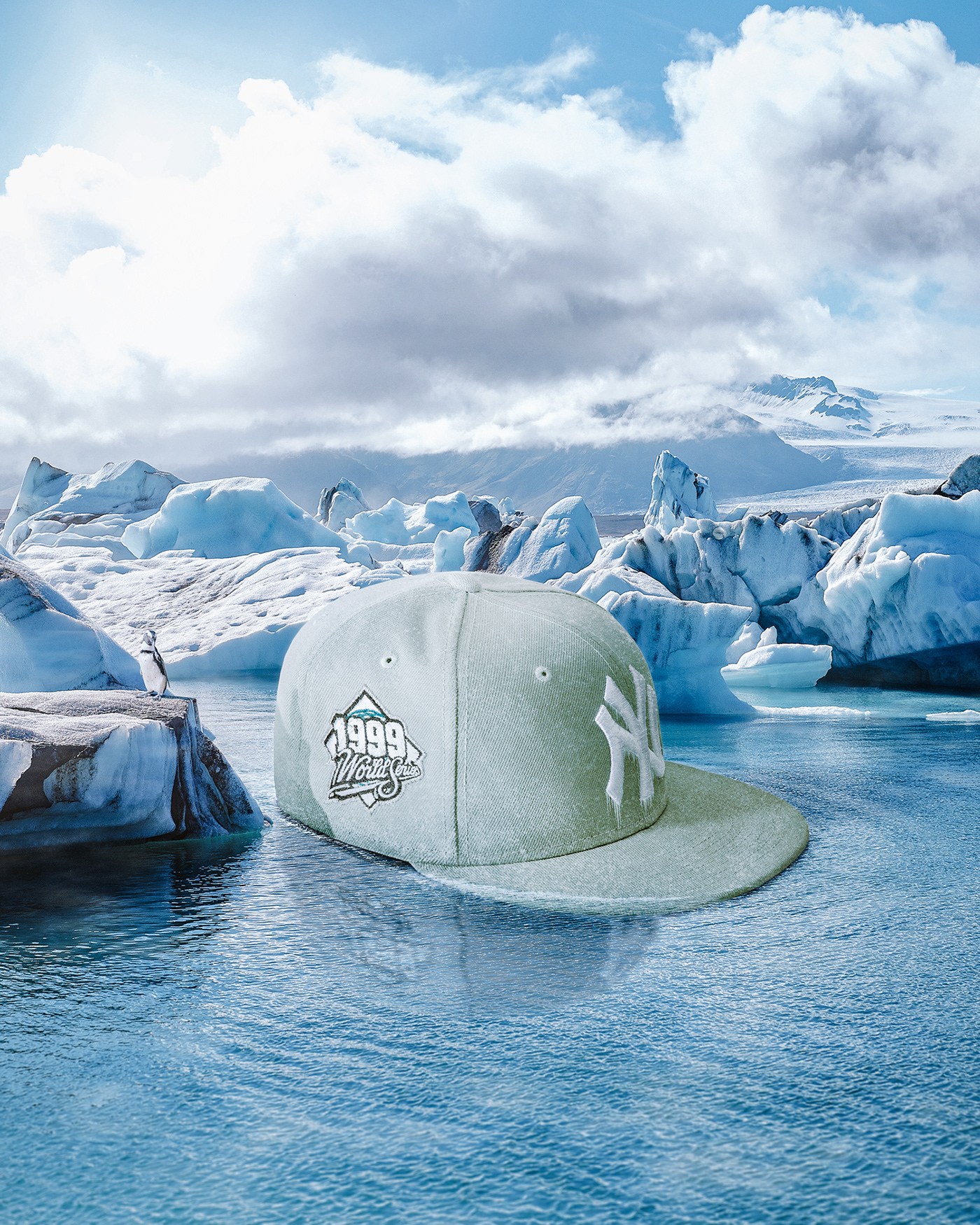 Image of baseball hat in glacier landscape. Retouching and photo composite done with Photoshop