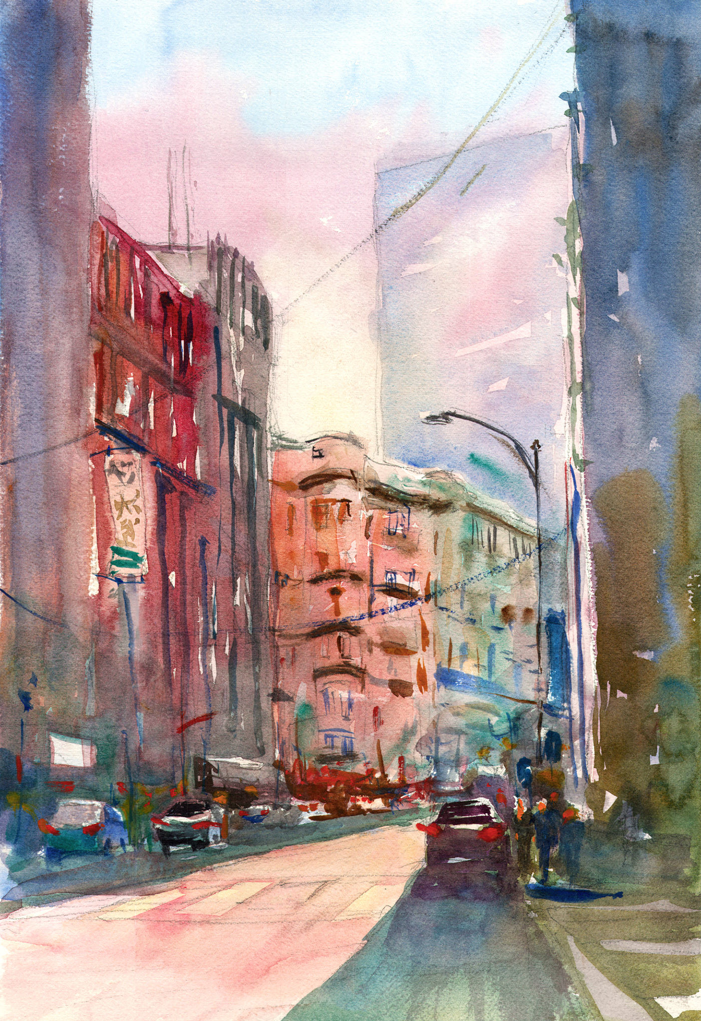 Landscape watercolor painting   cityscape Urban impressionism