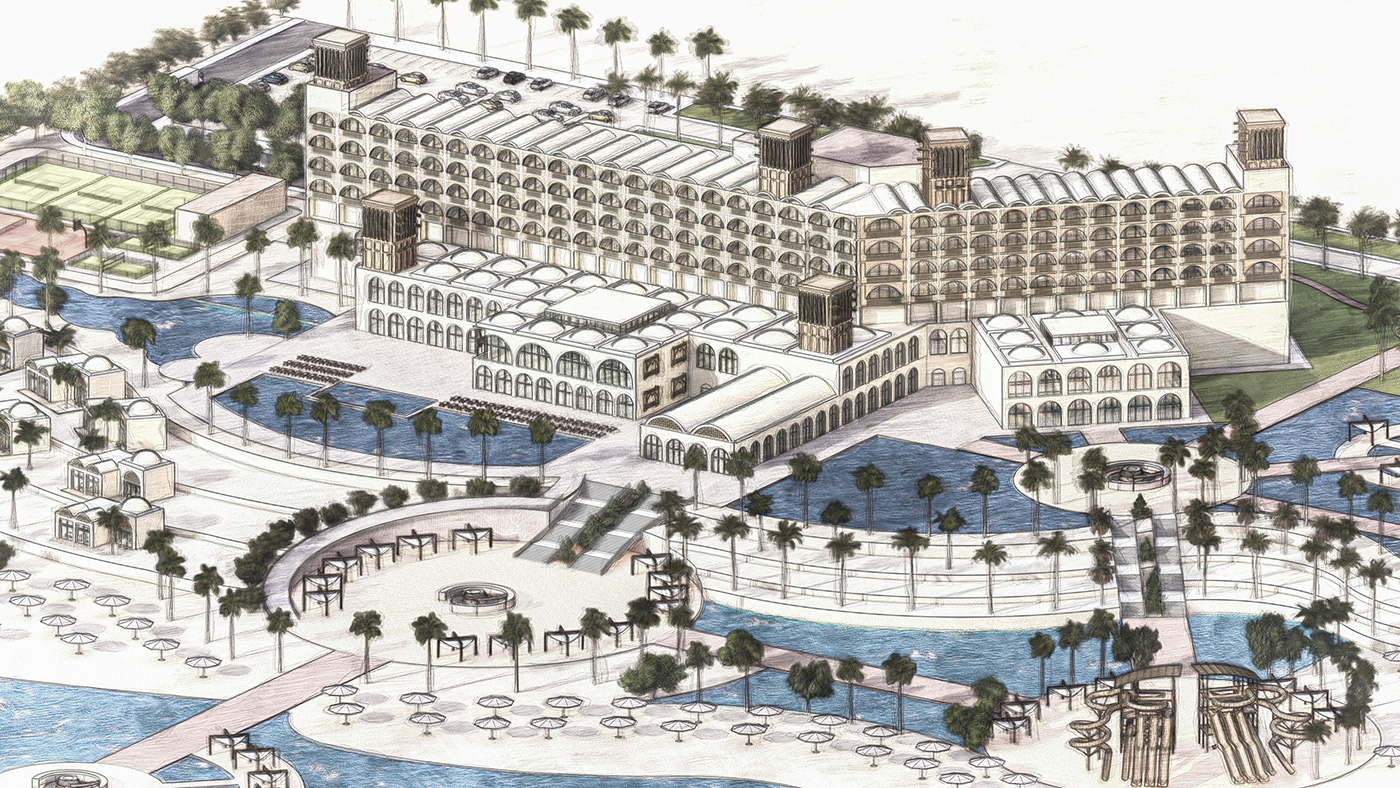 resort hotel Hassan Fathy Sketch Render Sustainability dome stone architecture design invironmental design