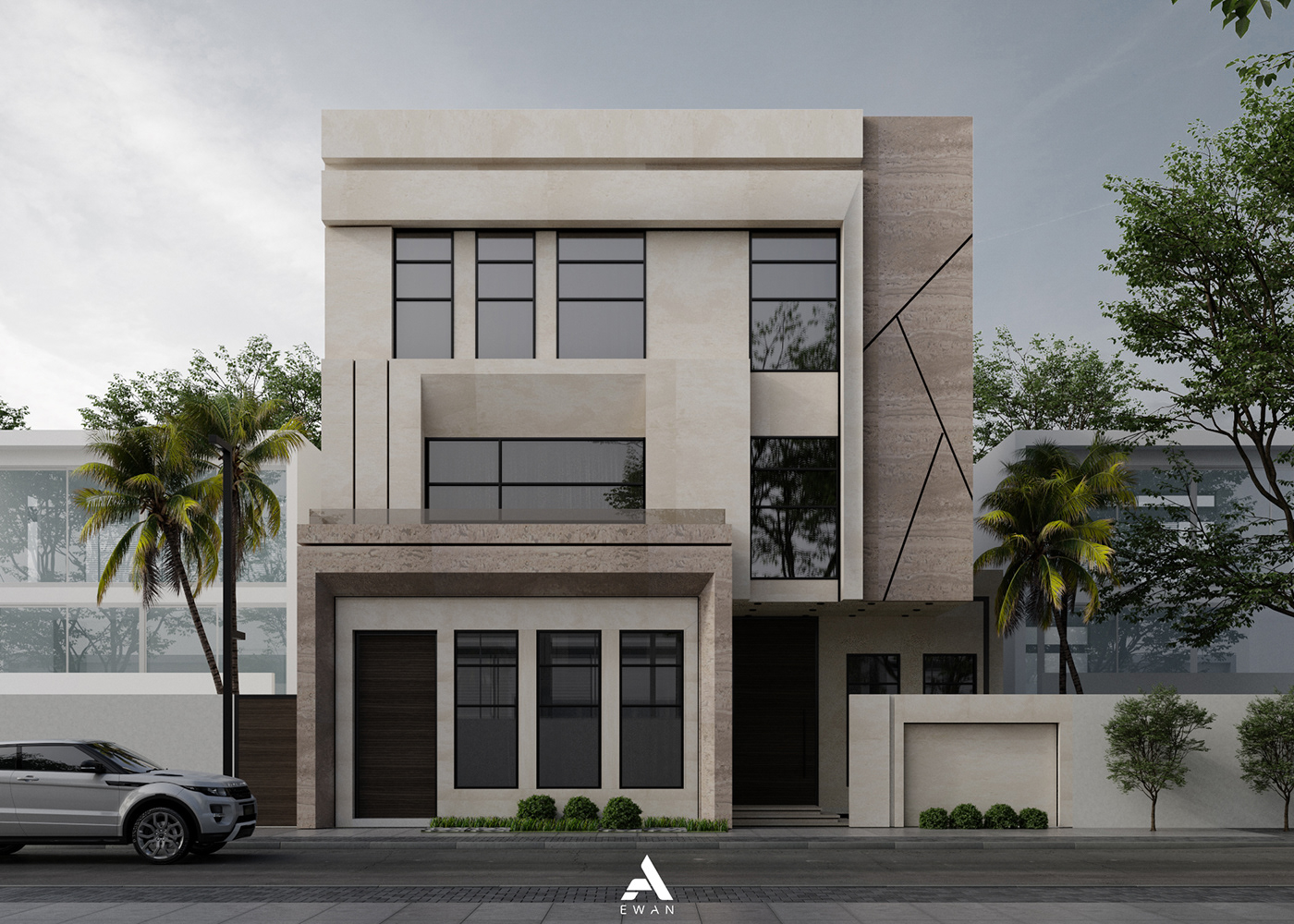 Villa exterior house modern Marble facade architecture 3D Elevation visualization