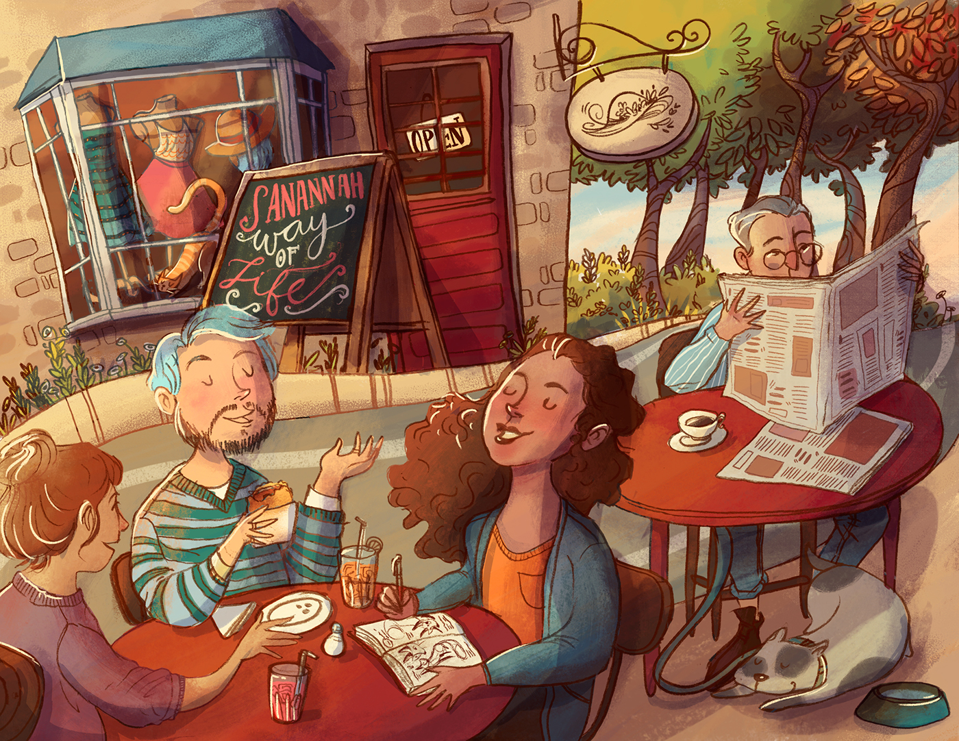 Savannah city cafe friends store environment girl boy scene moment digital happy newspaper Character Eating 
