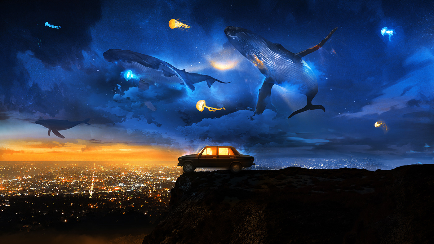 car digital horizon Mattepainting painting   photomanipulation photoshop SKY wallpaper Whale