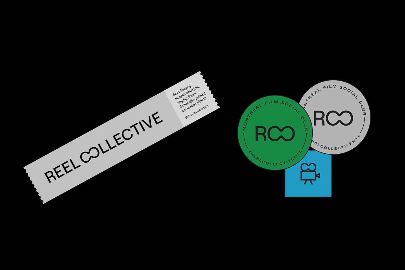 Reel Collective designs on grey, green, blue rectangle, circle and square stickers.