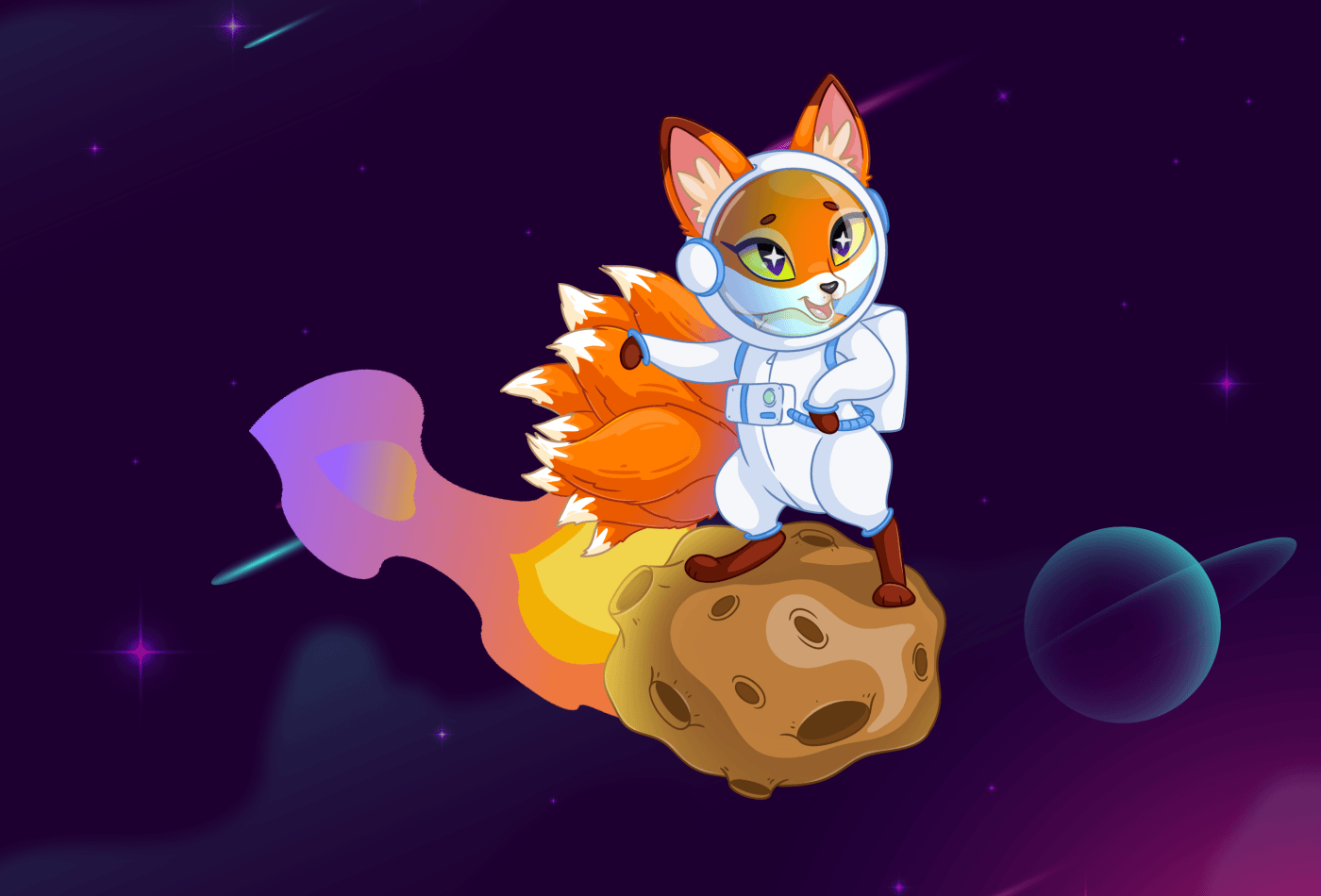 fox flying on a comet