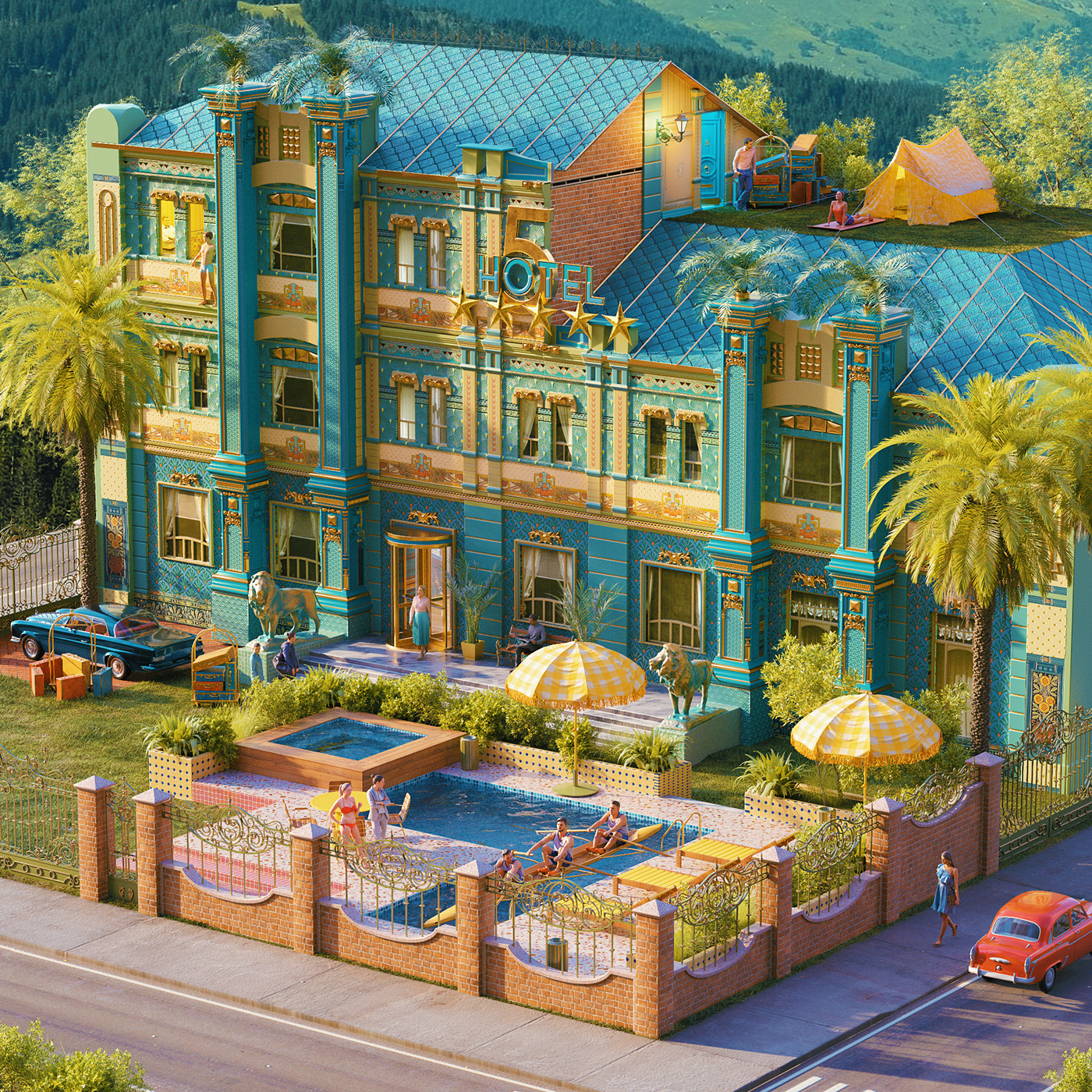 architecture CGI Holiday hotel metaverse nft surrealism vacation whimsical