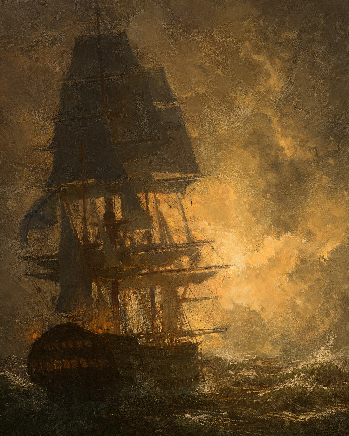 azov battleship fog Ocean oil painterly Sail ship sunset waves