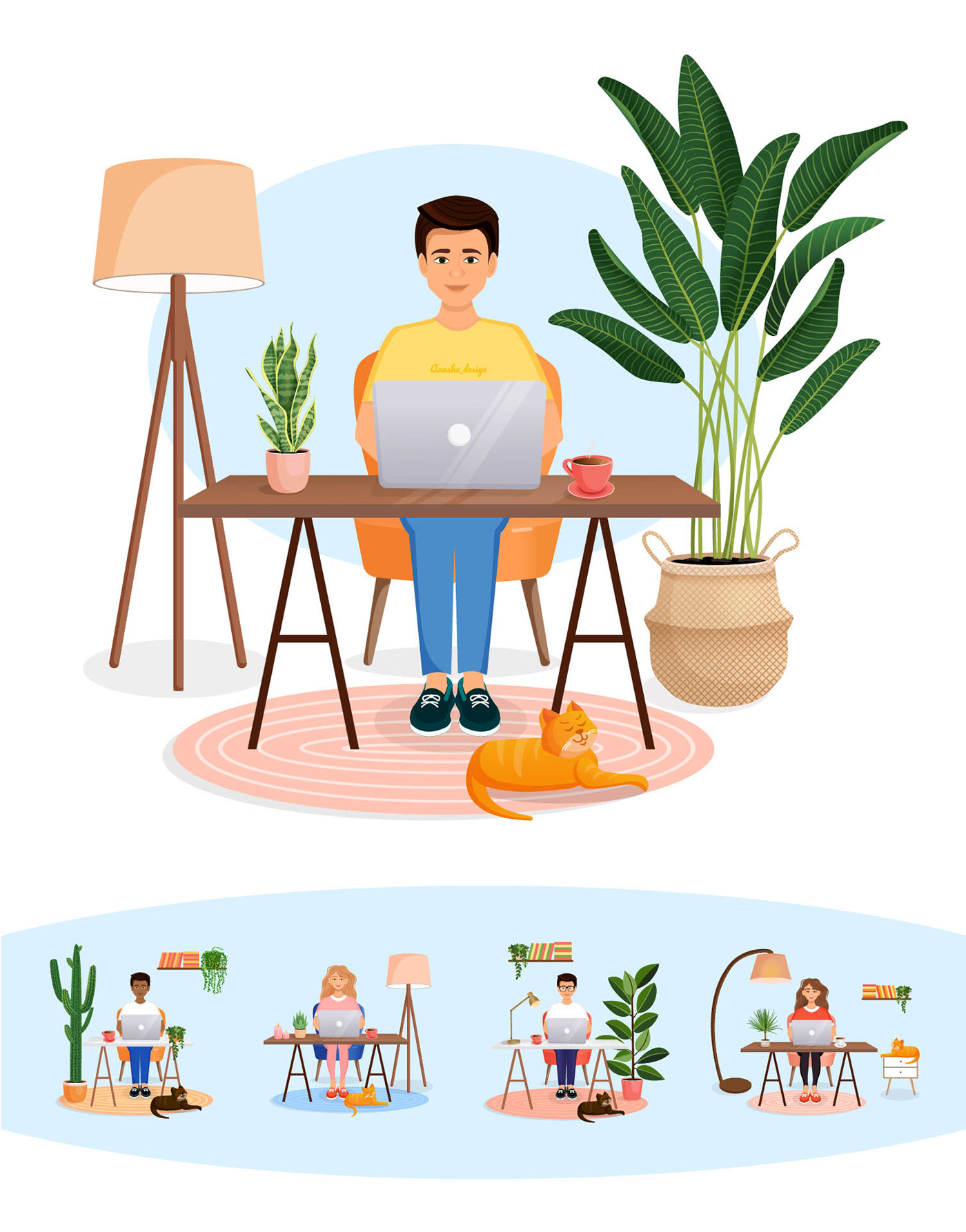 adobe illustrator Character design  flat illustration Freelance freelance illustrator ILLUSTRATION  people remote work vector work from home