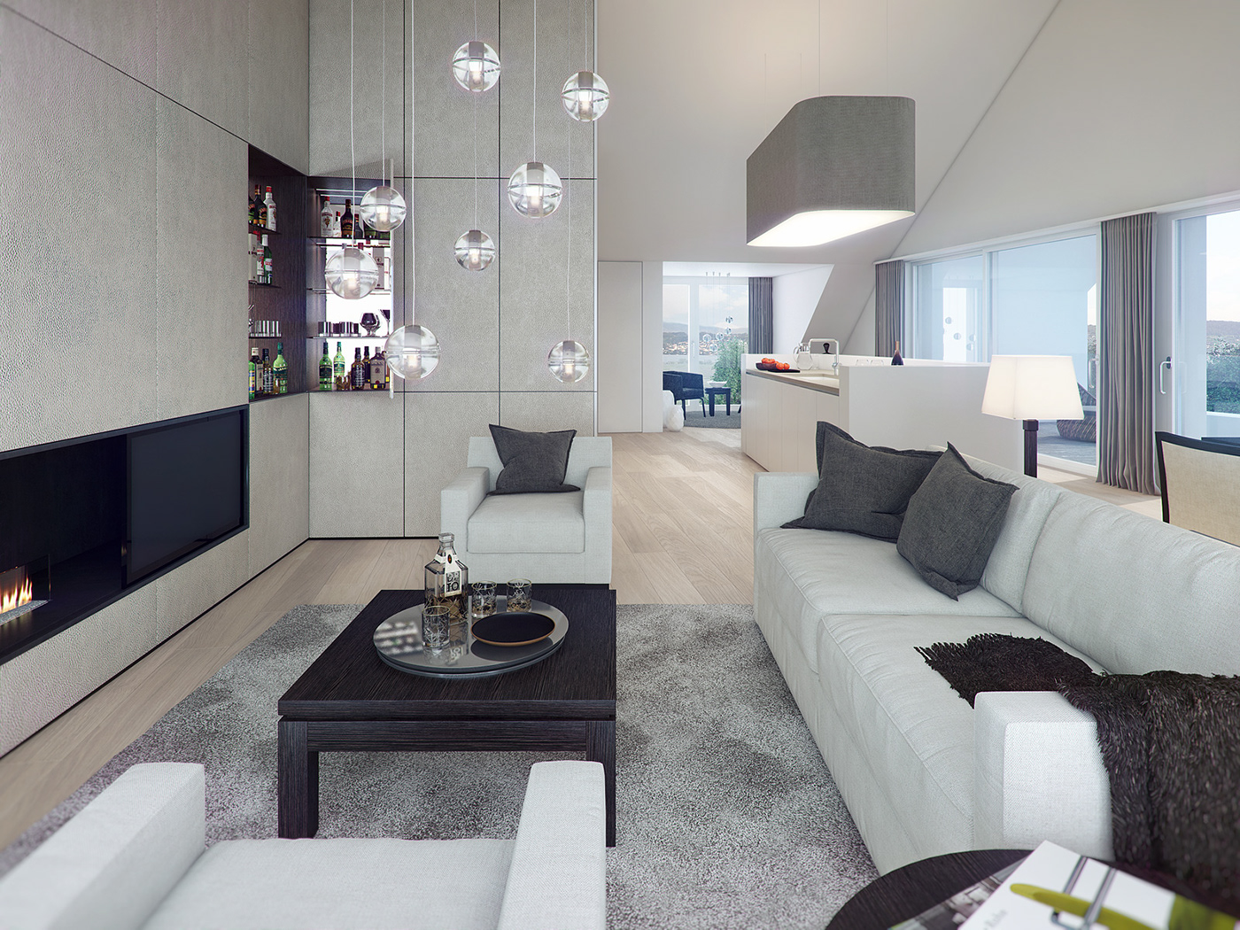 3D Render CGI apartment living room White cosy carpet Fur fireplace bar