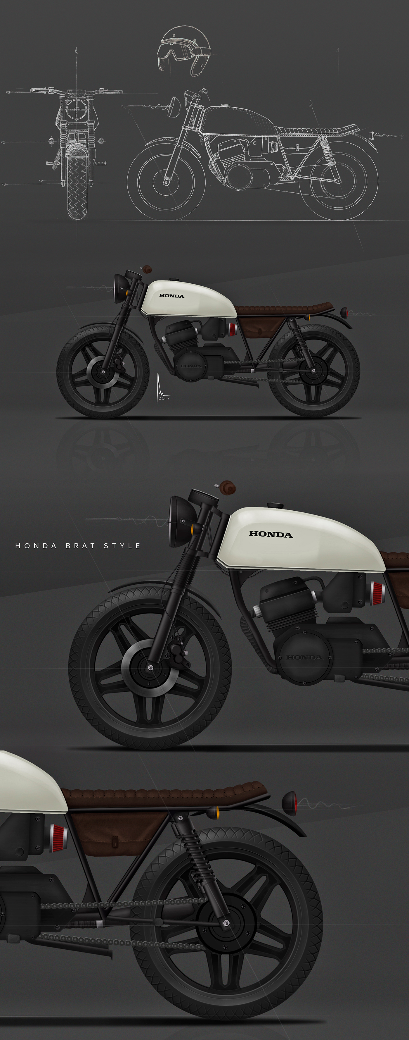 Honda motorcycle Bratstyle sketch digital rendering photoshop Transportation Design product design  design