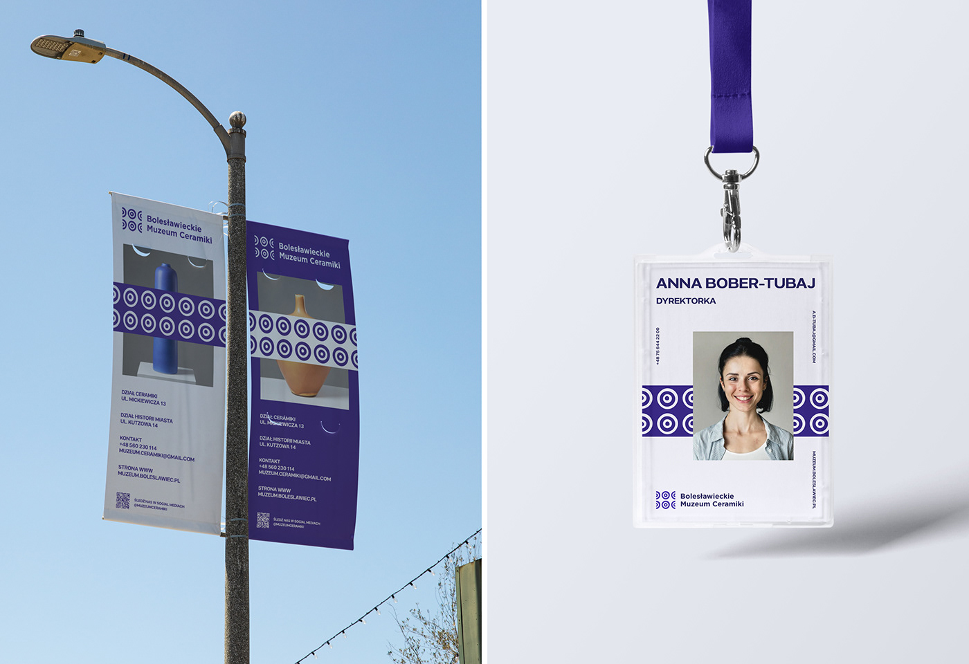 on the left flags promoting museum of ceramics in bolesławiec, on the right ID card 