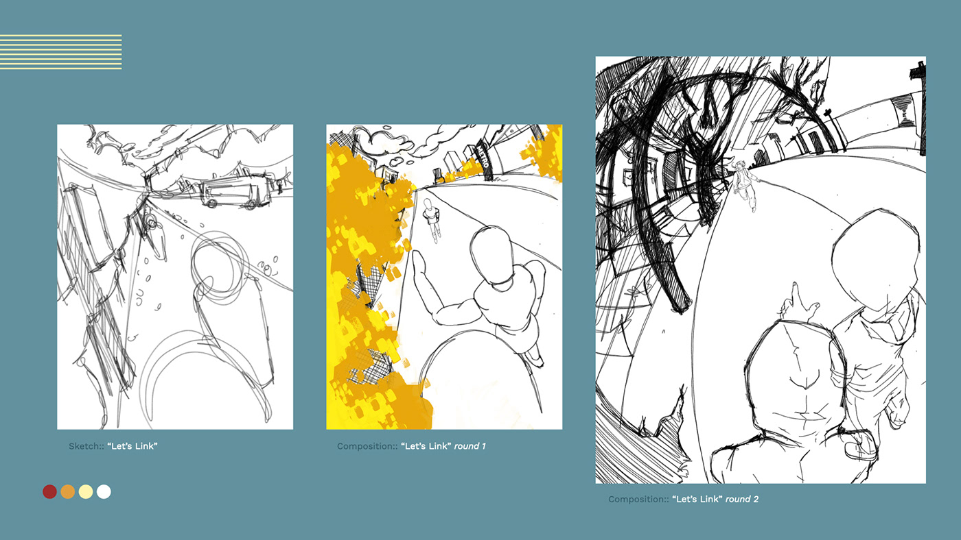 Screenshots of sketch and digital compositions for "Let's Link."