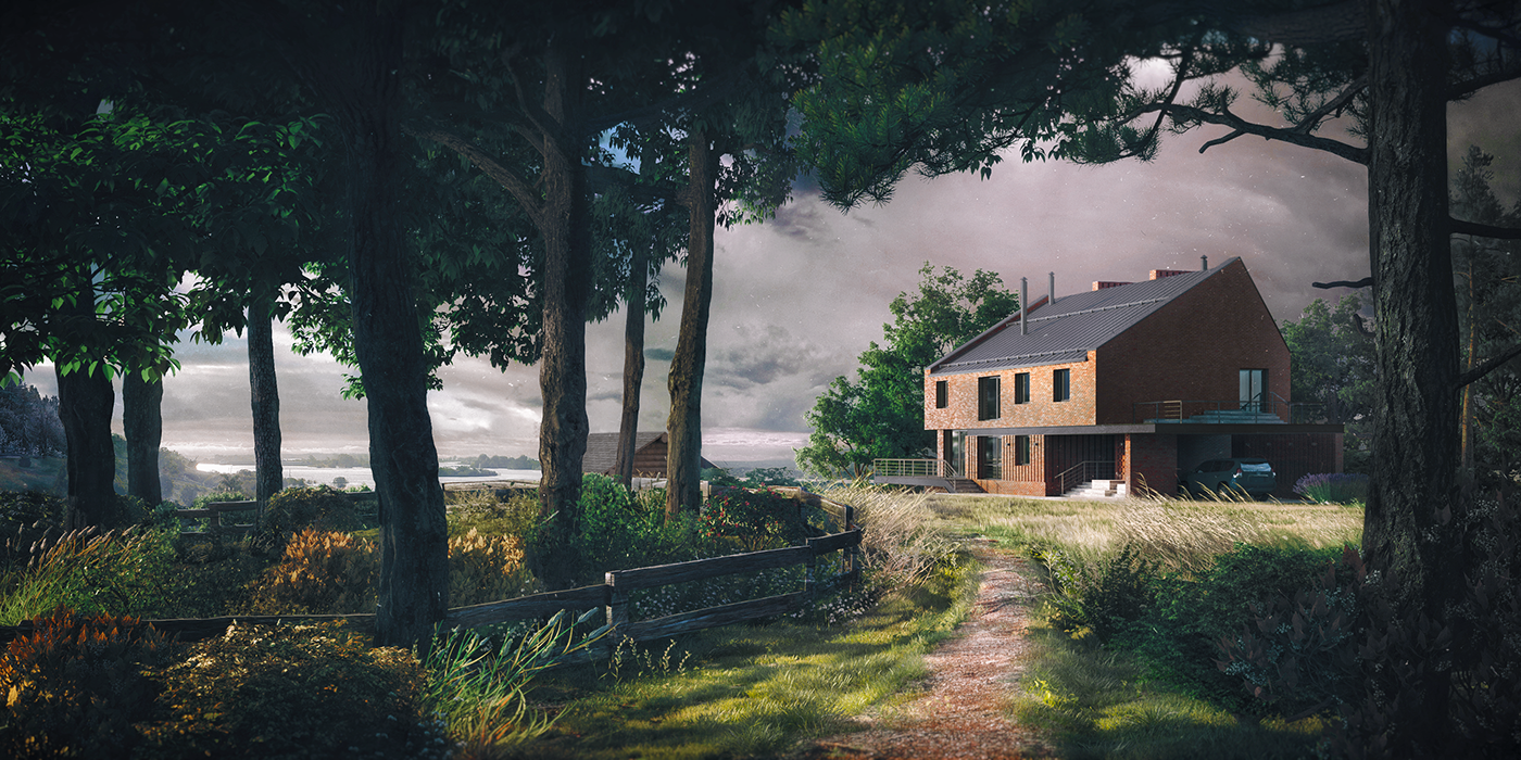 architecture visualisation 3D cinema 4d forest Cottage octane Adobe Photoshop summer expresssion