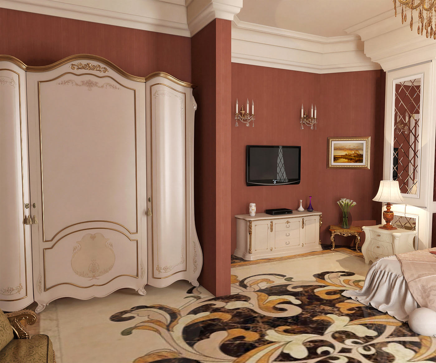 Classic bedroom design Interior effect furniture visualization Render graphic sketch vray