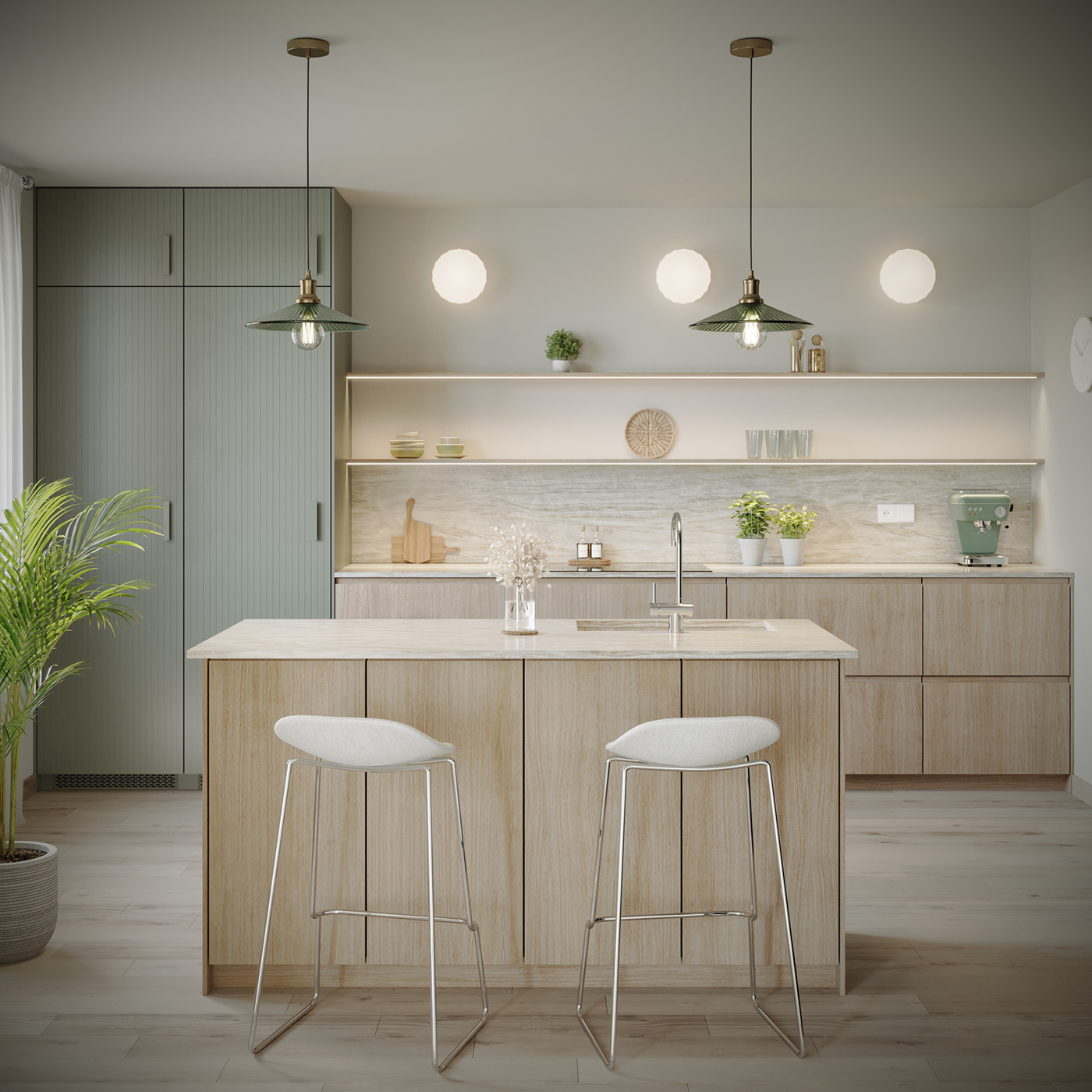 kitchen green oak modern Classic 3ds max visualization Render interior design  corona