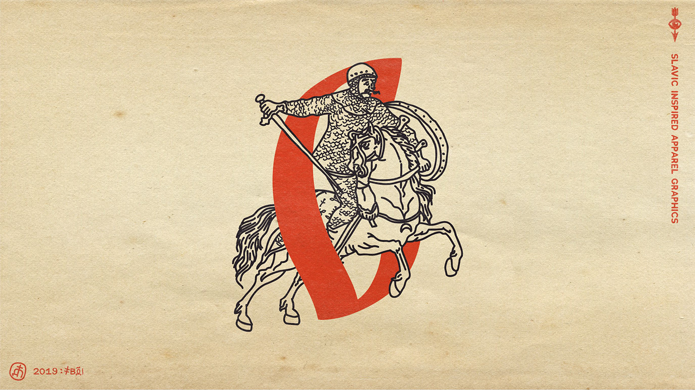 Slavic warrior in armor on horse riding through a red shape