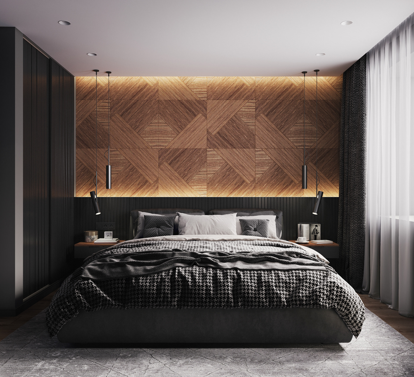 bedroom black contrast dark design pattern wood
