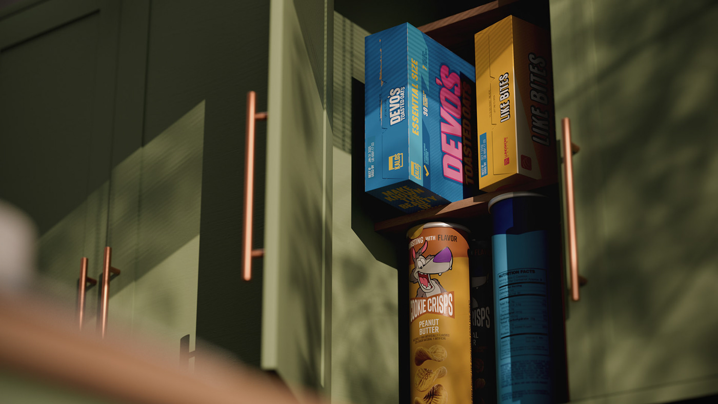A low camera angle looking up at open cereal cabinet