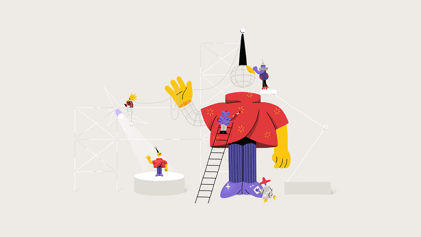 branding illustration for animation studio, magical characters building and paintin a huge 3D model