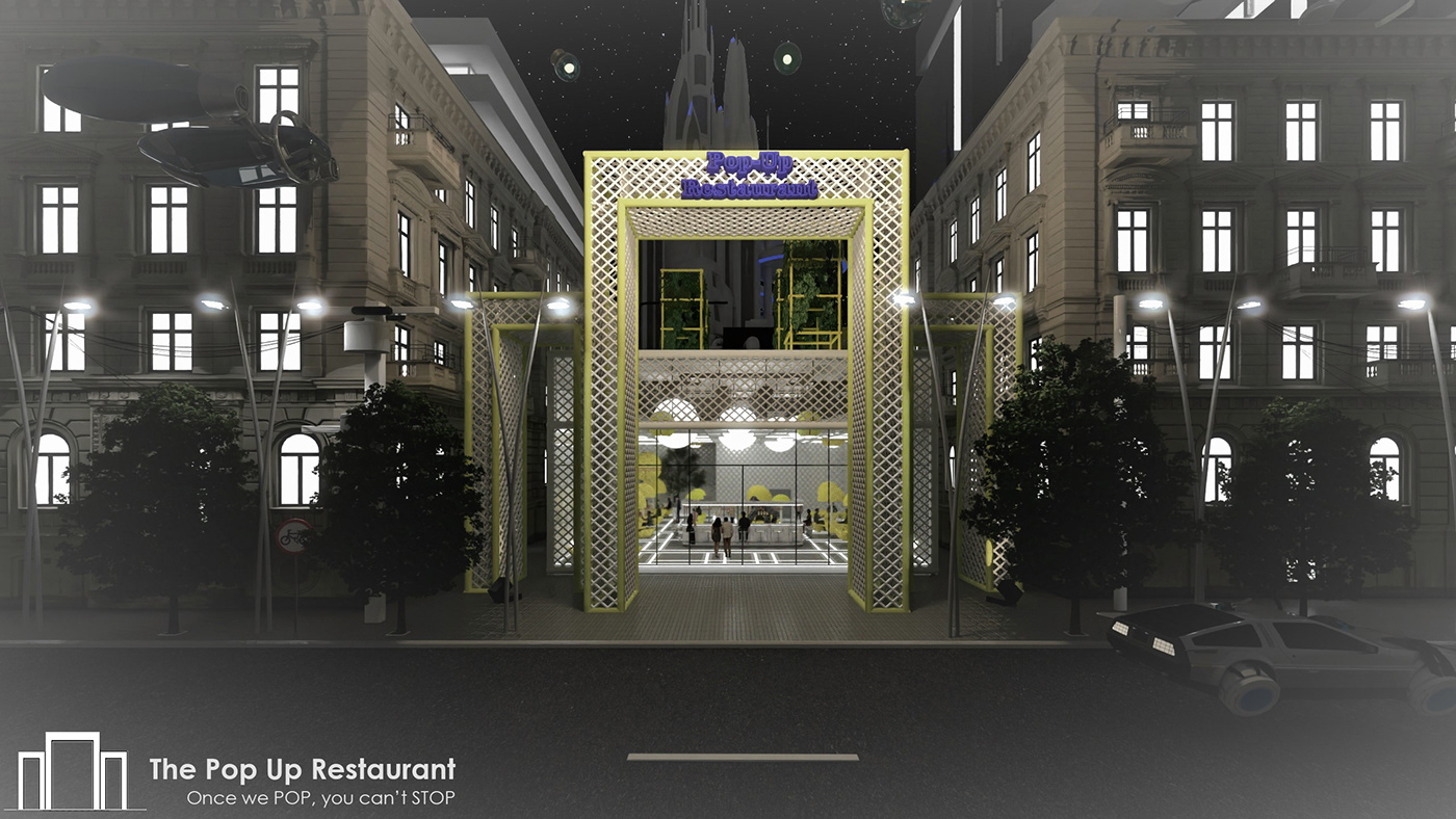 architecture interior design  Popup restaurant Sustainability teleportation 3D art Render visualization