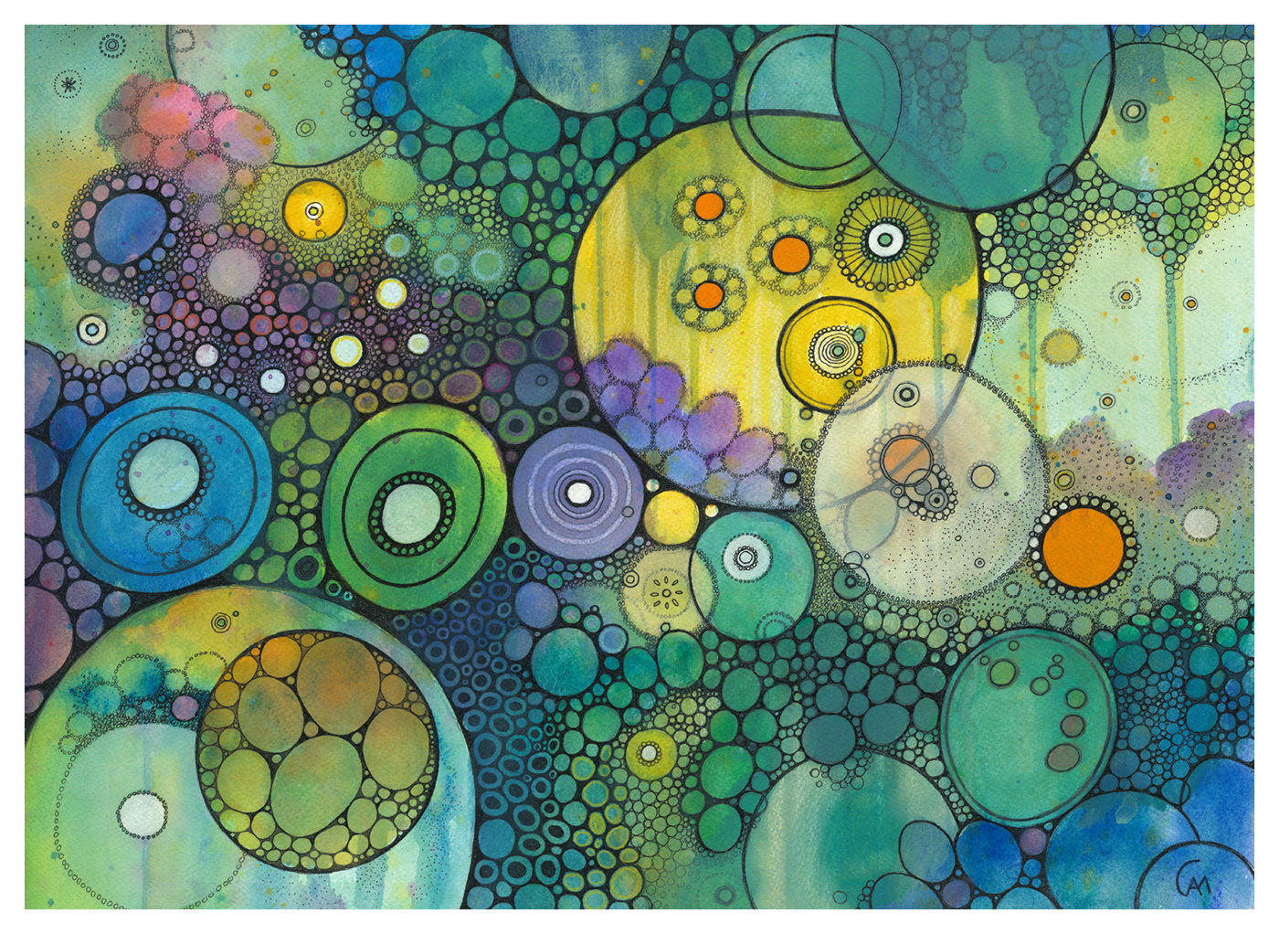 abstract circles watercolor ink colorful painting  