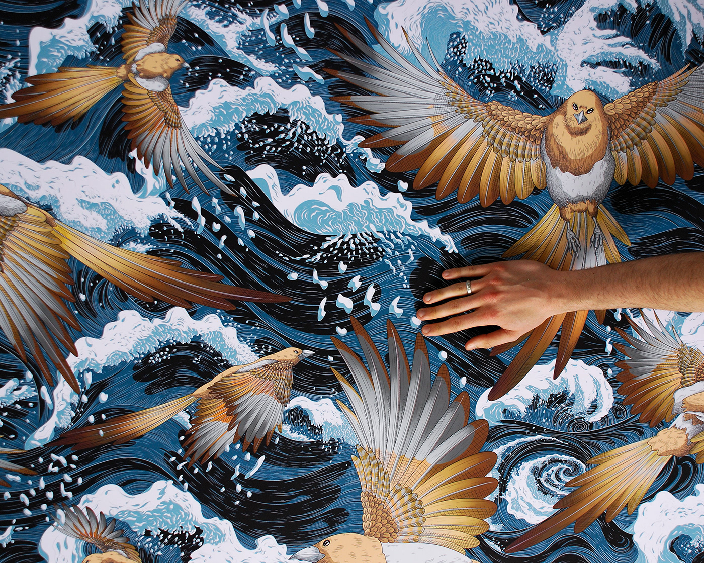 Photograph of wallpaper showing an illustration of magpies flying above the ocean.