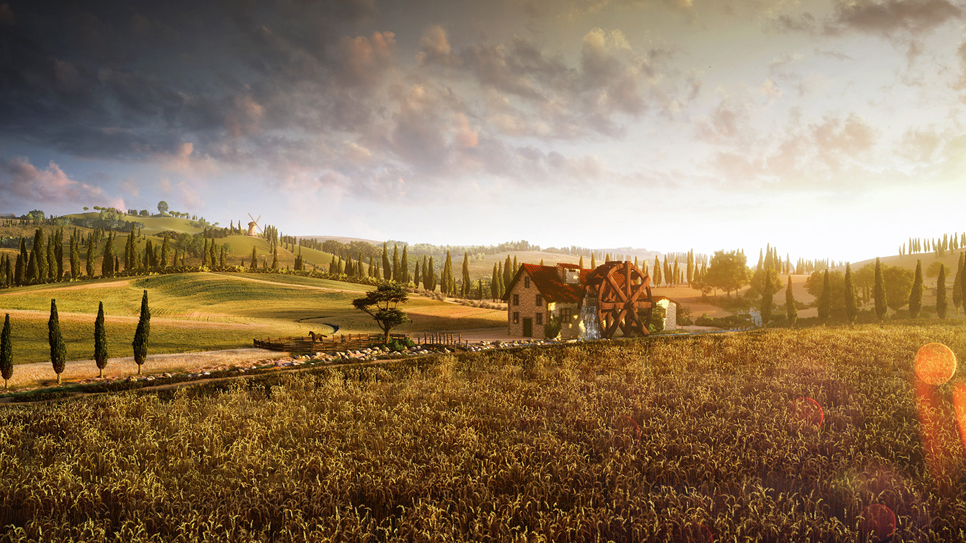 3D archviz field Landscape Render render3D rendering wheat