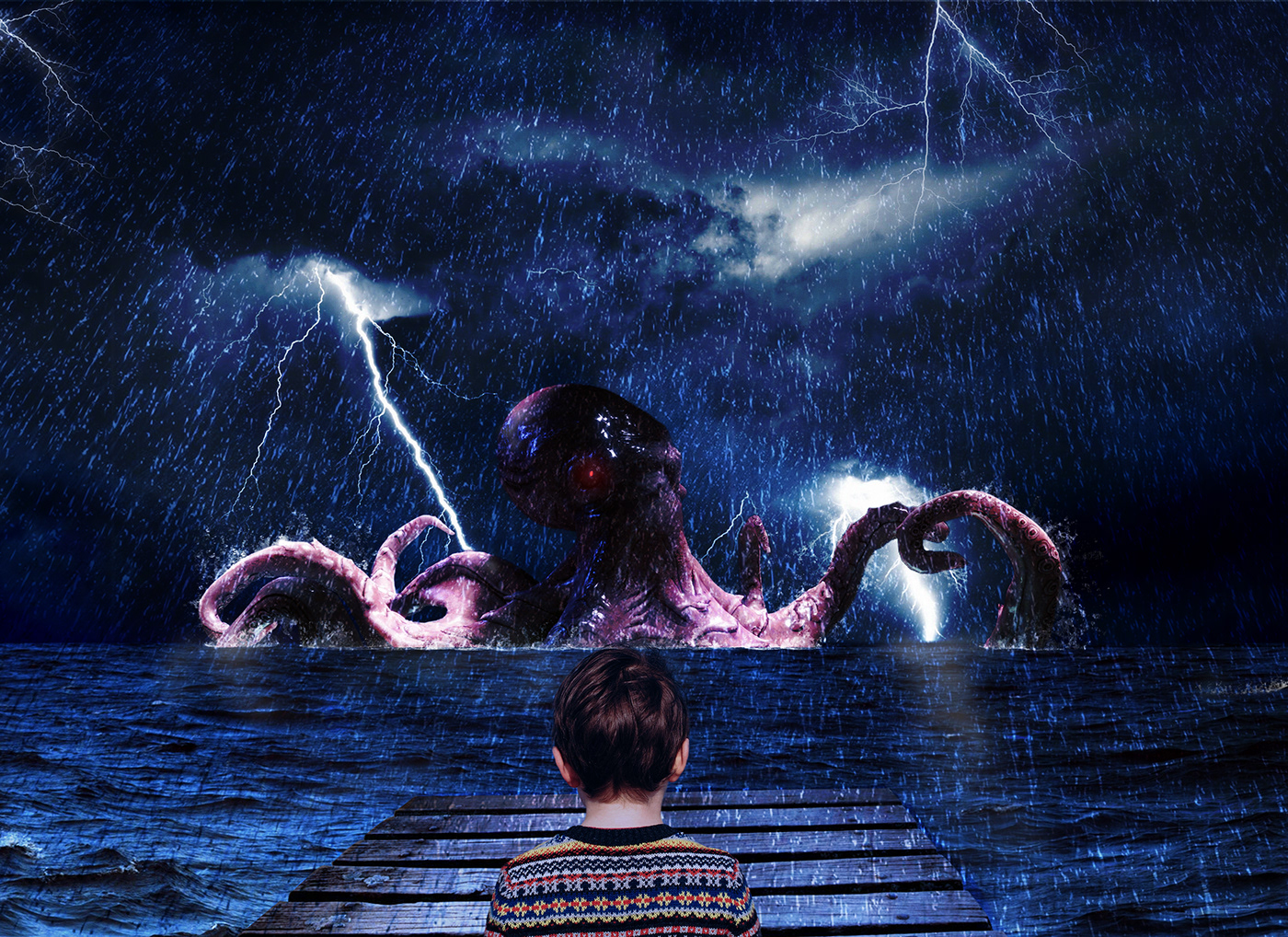 kraken octopus photomontage Stranger Things nightmare rain