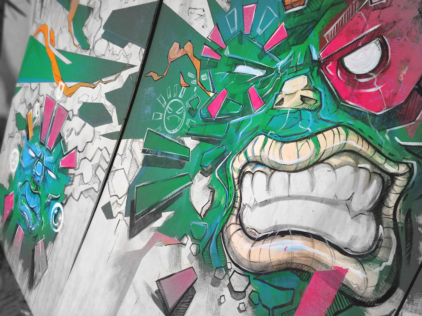Mural wall Wrestler luchador mask art wood festival mexico aztec Maya face