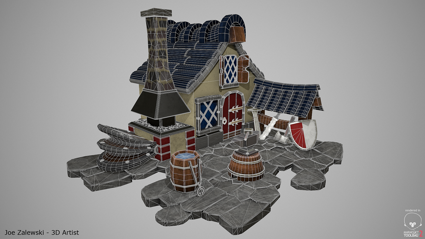 Digitial 3D environments Game Art Blacksmith House Joe Zalewski 3d modeling autodesk maya Substance Painter Marmoset Viewer