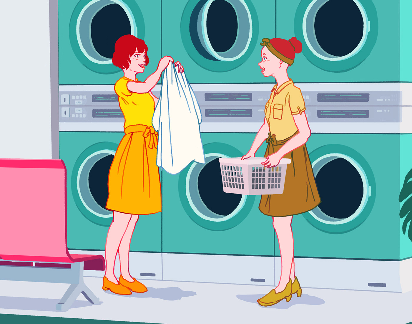 Illustration of two women washing clothes in a laundromat
