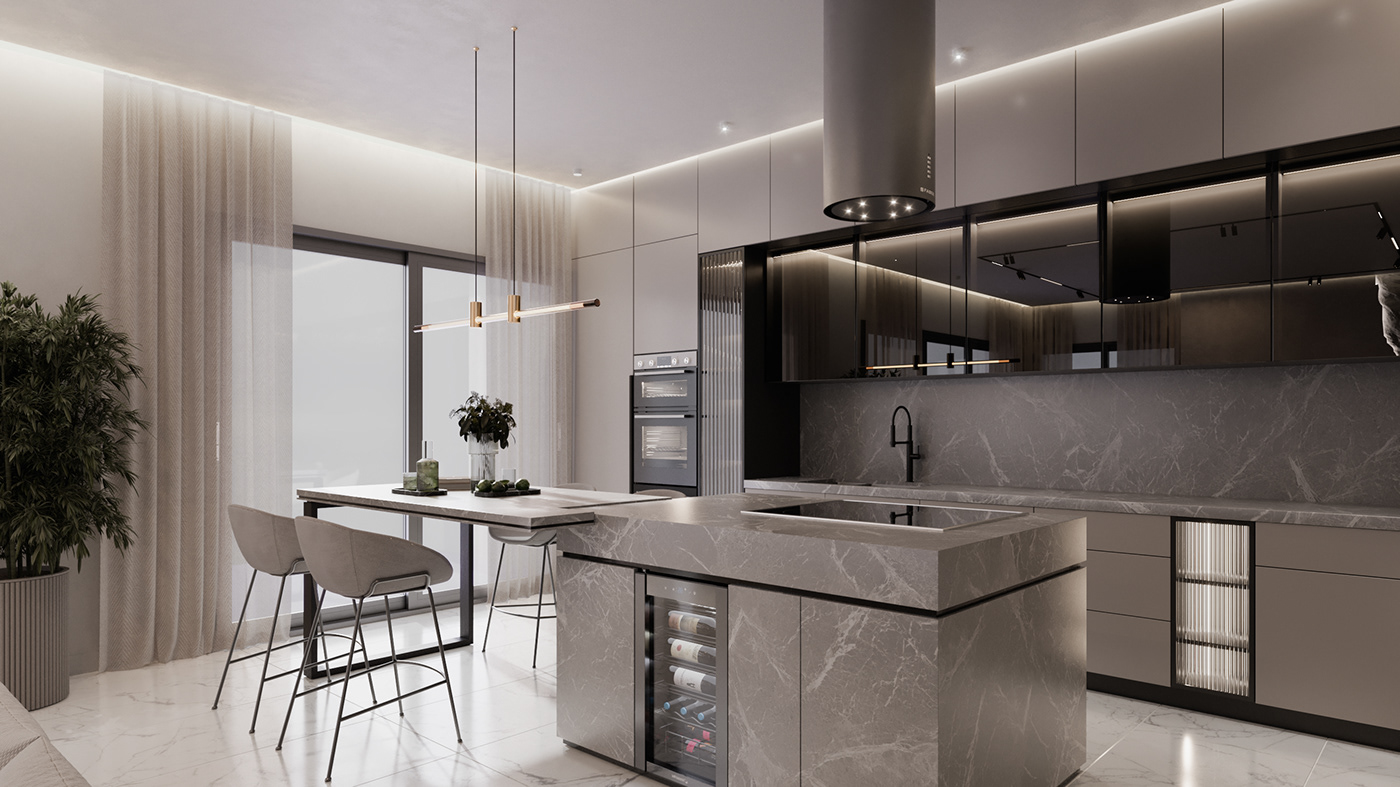 interior design  living room kitchen 3ds max corona light modern architecture