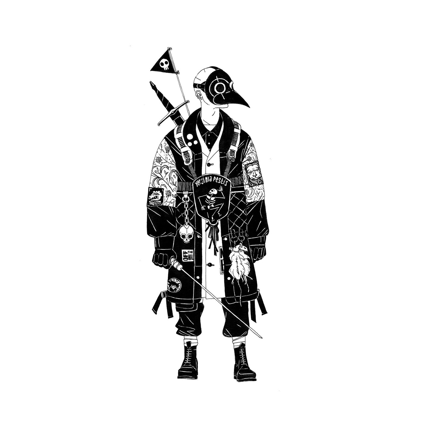 black and white Character Character design  darkart japan knight samurai