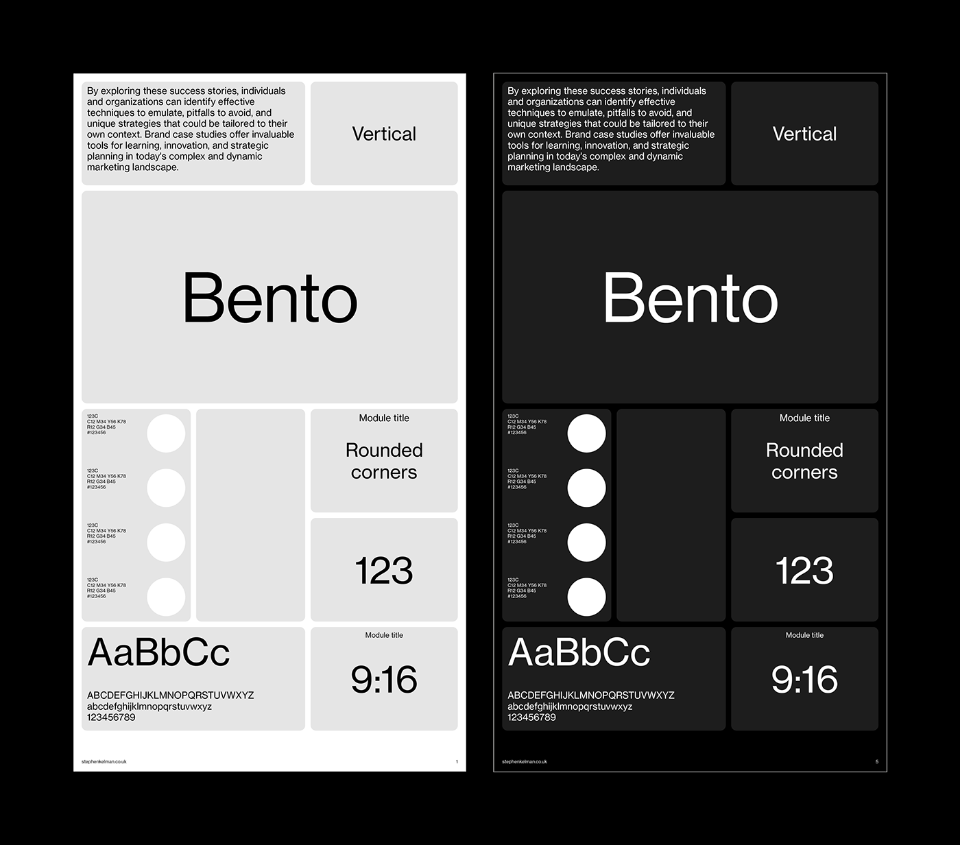 Bento Style Presentation Grid System for Adobe InDesign | Portrait - Light and Dark Layout Examples