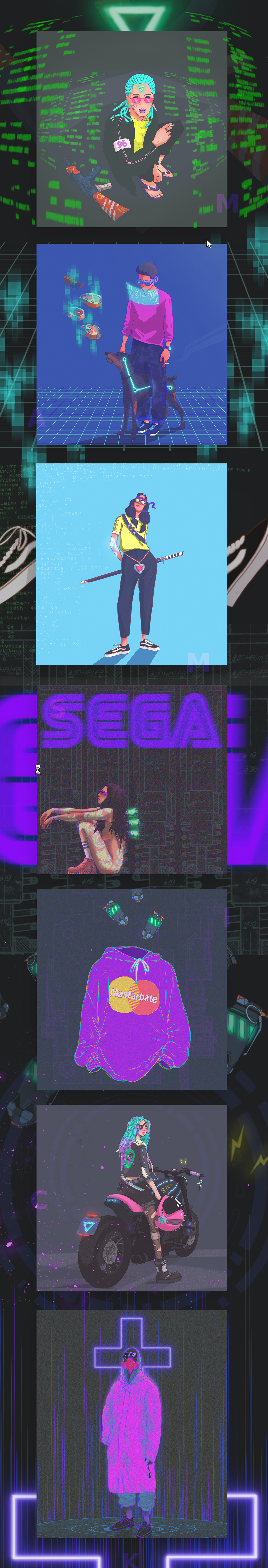 Cyberpunk futuristic ILLUSTRATION  neon SEGA 90's cybernetic aesthetic characterdesign
