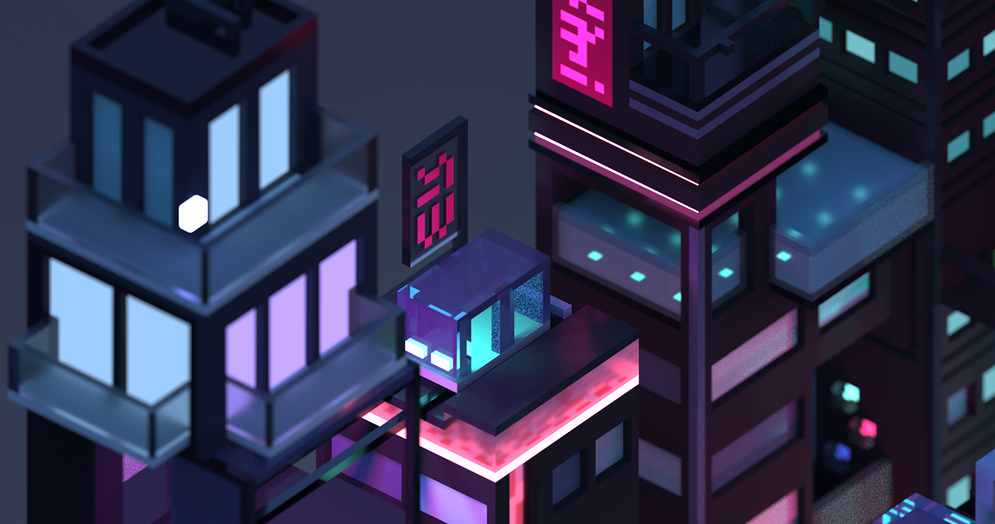 3D voxel Magicavoxel modeling rendering neon lights city night Isometric