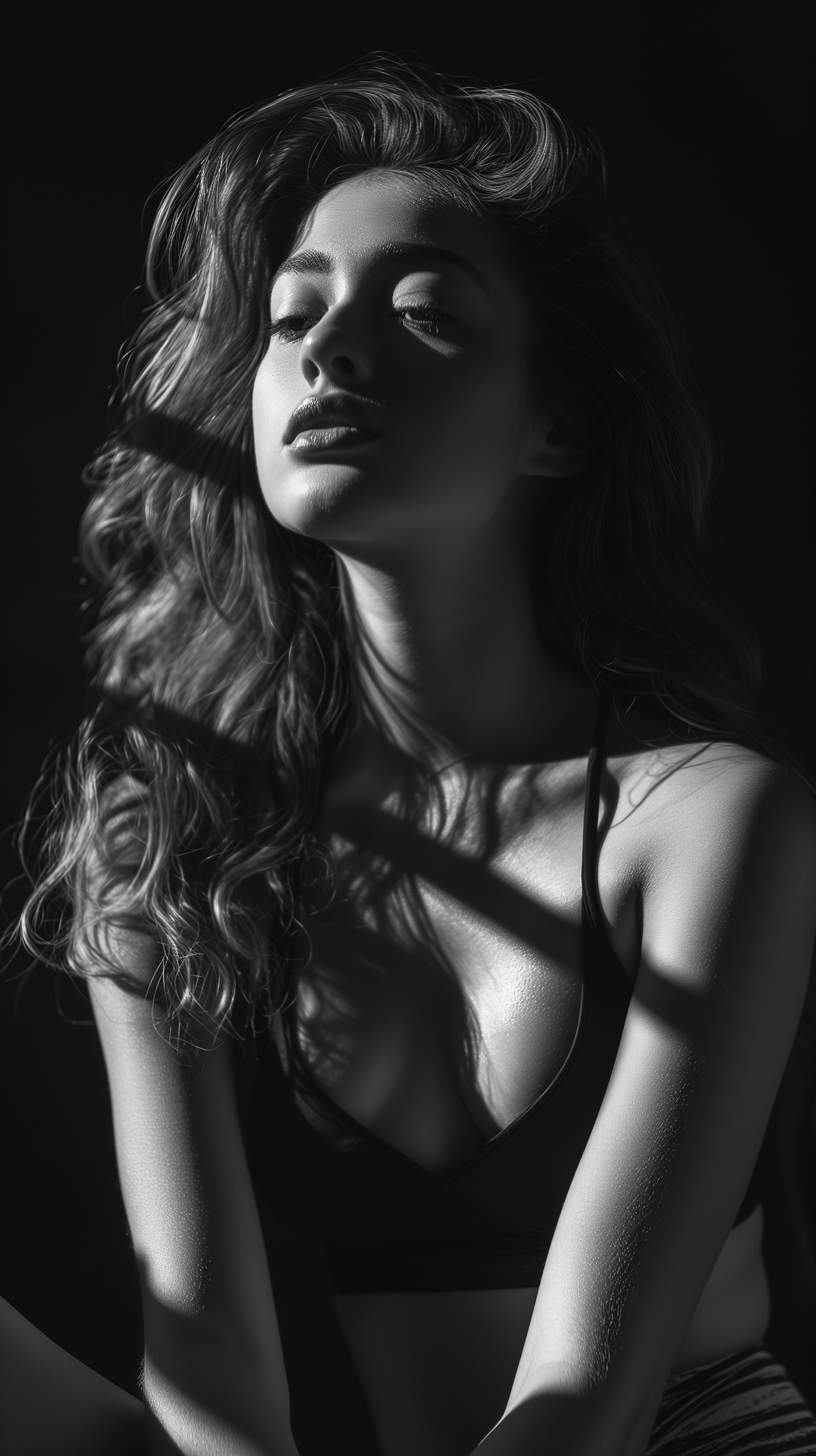 black and white portrait girl model studio long hair lips top chest modeling elegant