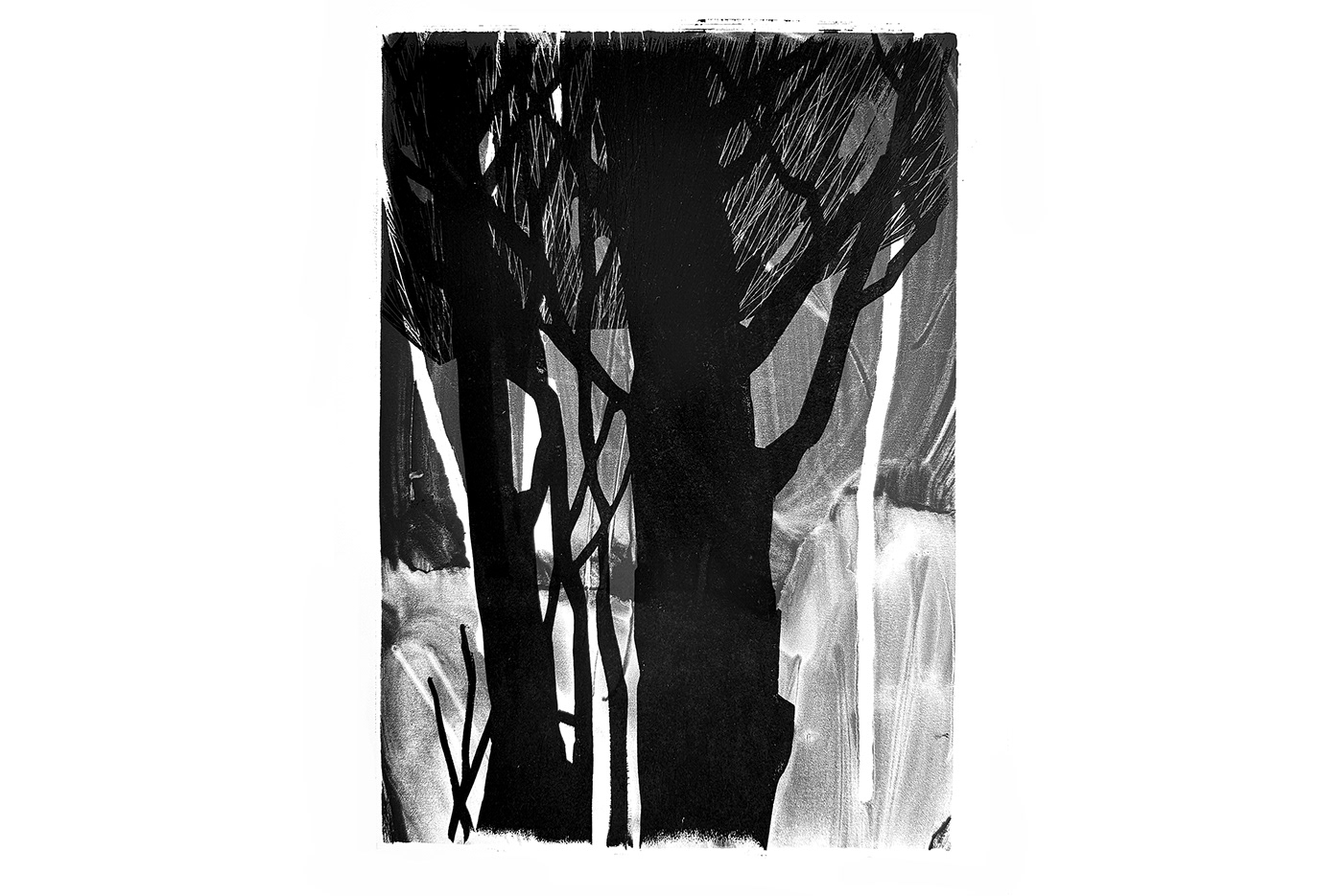 artwork black and white Estampa forest graphic art handprint Landscape monotype Nature trees