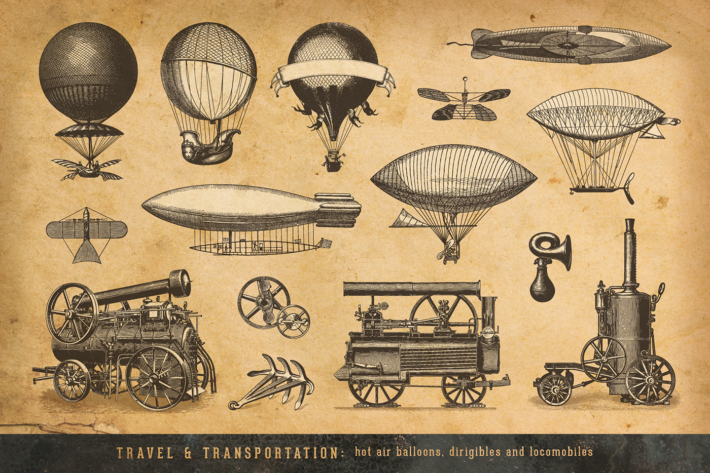 STEAMPUNK vector design elements vintage Retro ILLUSTRATION  graphic design  goggles airships gears