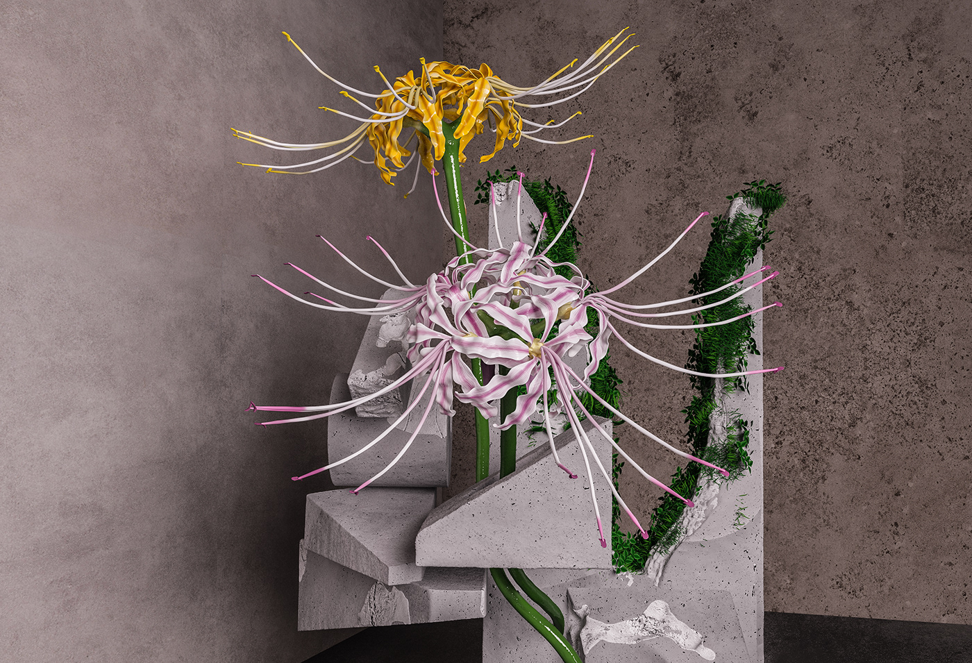 3D art contemporary architecture botanique plants textures metal concrete Marble