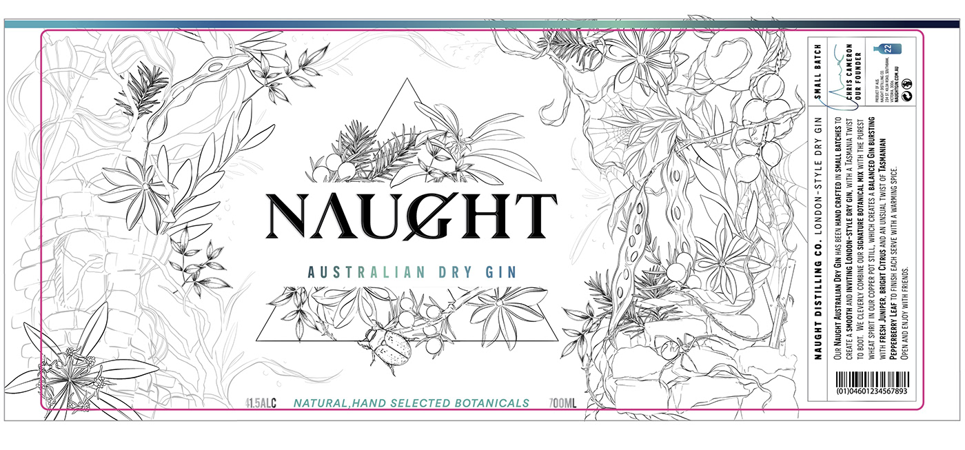 botanical detailed digital illustration floral Flowers gin ink drawing liquor Packaging pattern