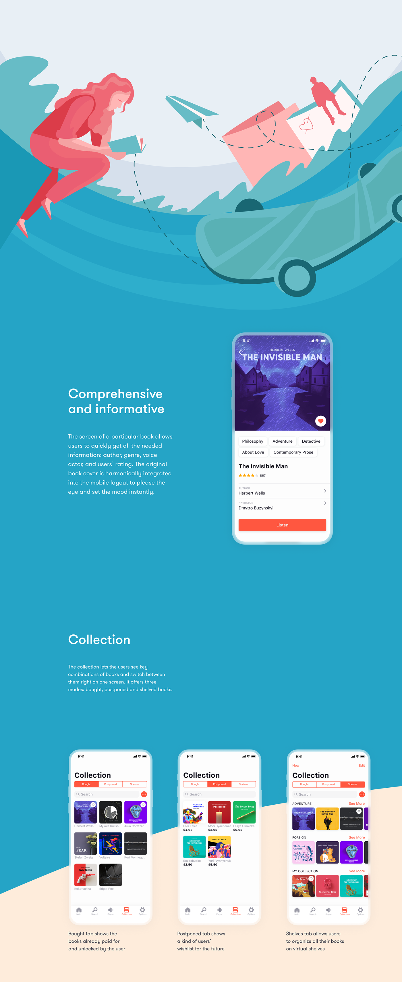 books Ecommerce ILLUSTRATION  user interface mobile app design Web Design  animation  Interaction design  audiobooks