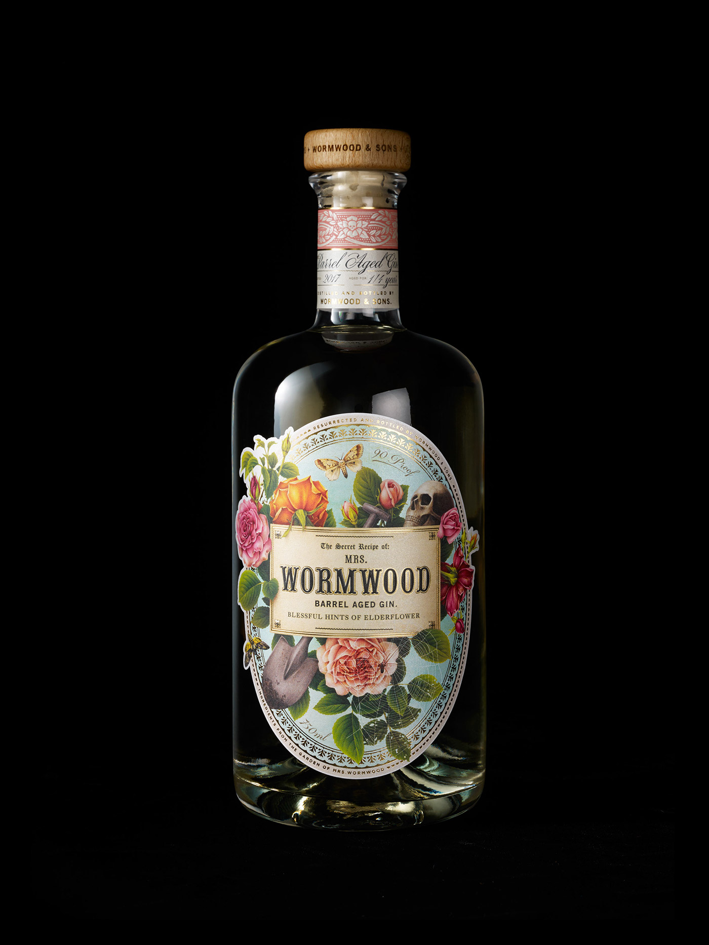 gin floral fauna skull liquor bottle Packaging design spirit gold