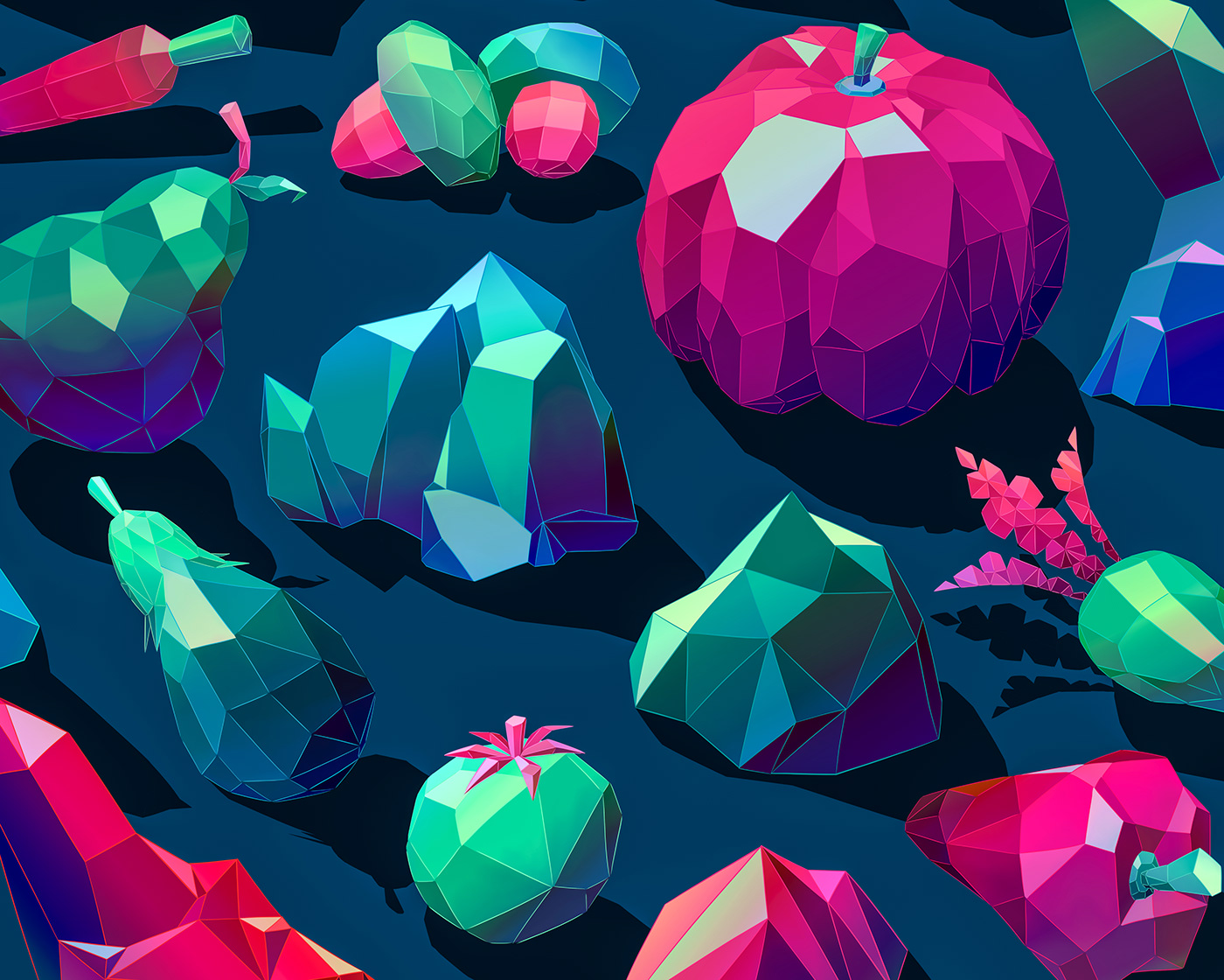 Digital art depicting low-poly 3D fruits, vegetables and crystals in cool-toned neon colours.