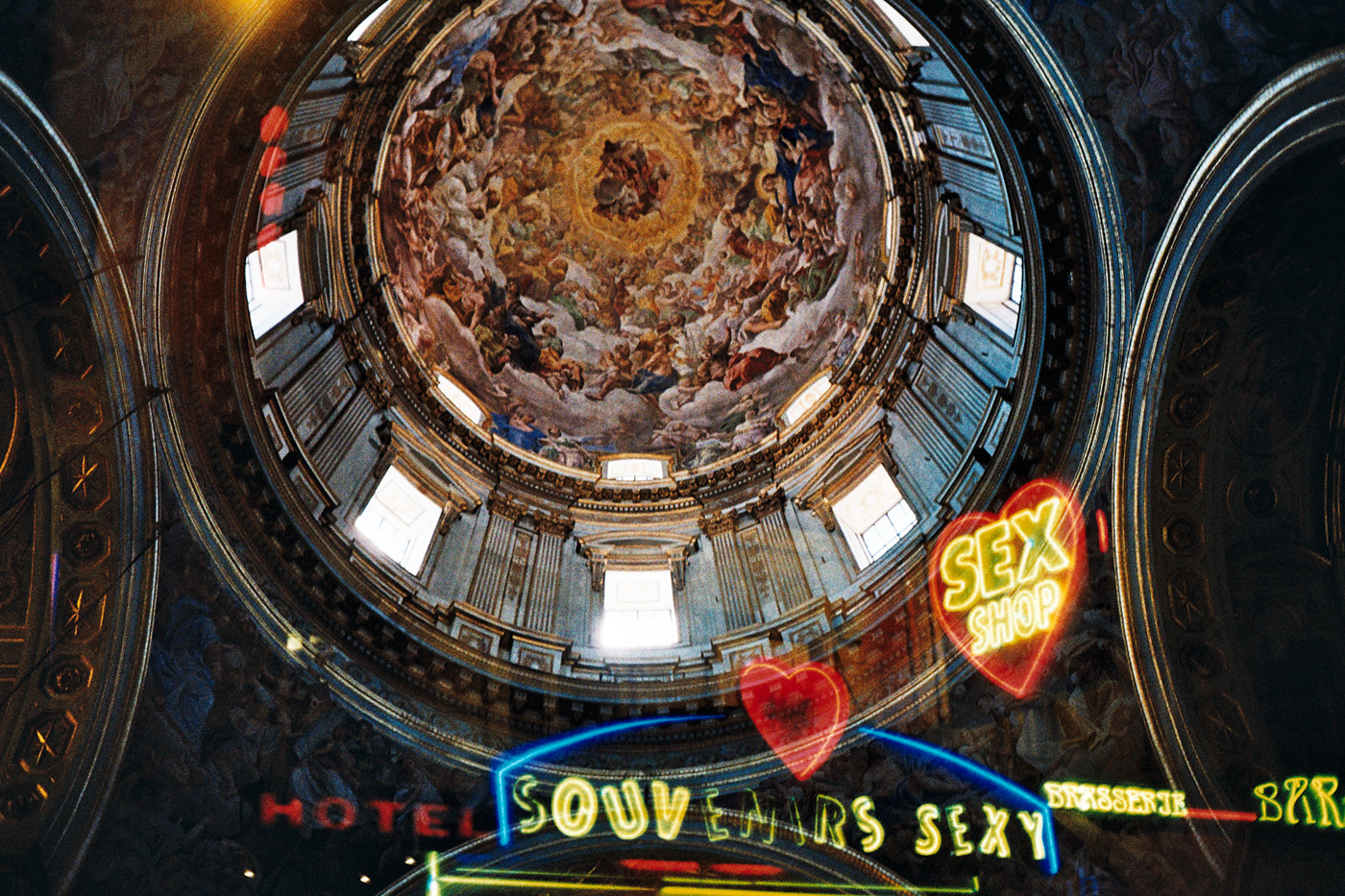 analog concept double exposure Film   led lights Naples Paris religion symbolism words