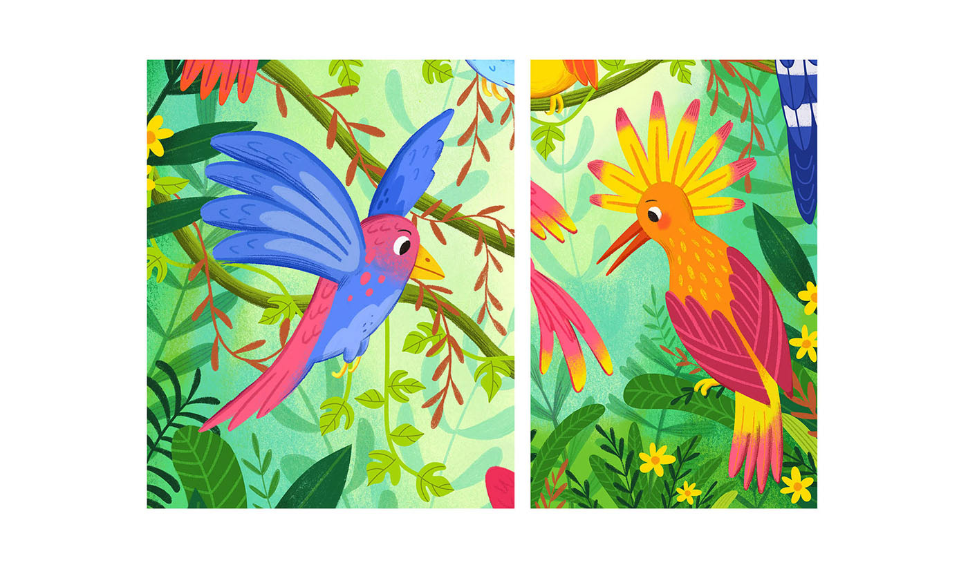 Poster with exotic birds. Details. Children's illustration.