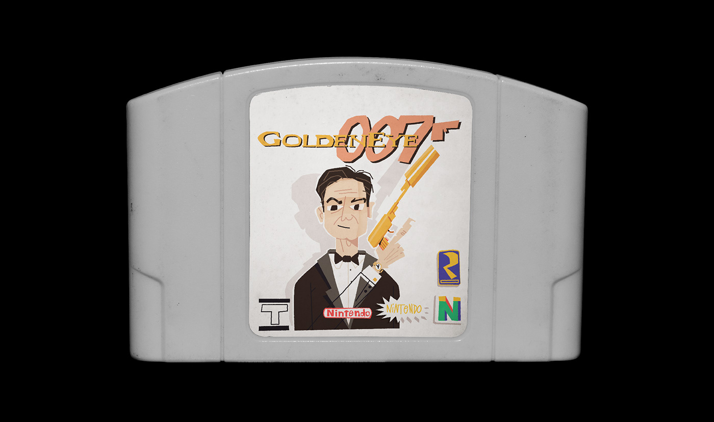 A Nintendo 64 game cartridge with a cute illustration of James Bond on the cover holding the golden 